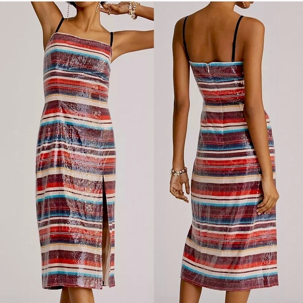 Nwt Hutch Anthropologie Striped Multicolor Sequin Party Midi Dress Size 4